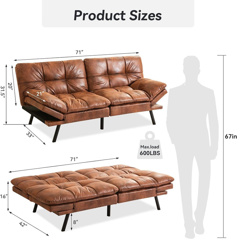 Convertible Couch, Memory Foam Futon Sleeper, Loveseat Sofa Bed Sofabed, Pure Brown