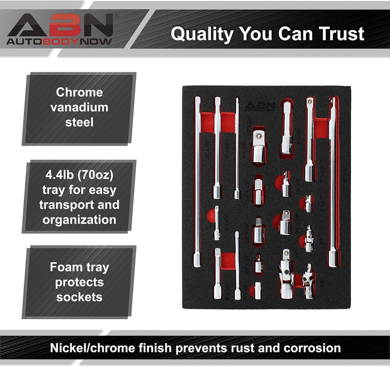 ABN Socket Accessory Extension Set - 20-Piece Ratchet Tool Kit with Universal Joints, Adapters, and Reducers