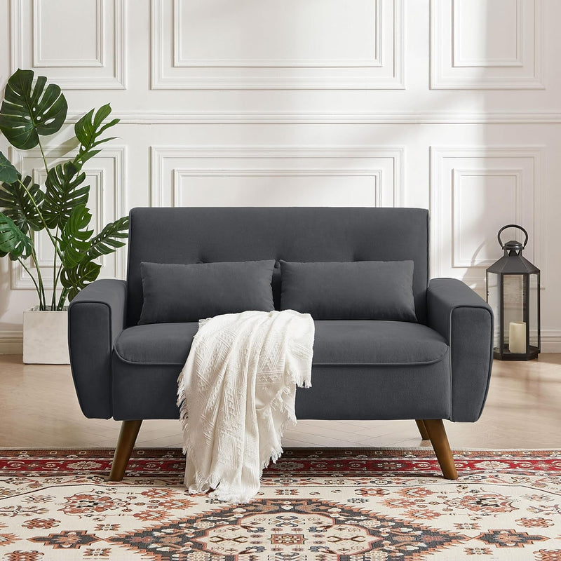 48" Small Loveseat Sofa, Modern Linen Fabric Love Seat Couch, Upholstered 2-Seat Sofa with 2 Pillows and Wood Legs for Living Room, Apartment, Bedroom and Small Spaces,Darkgrey