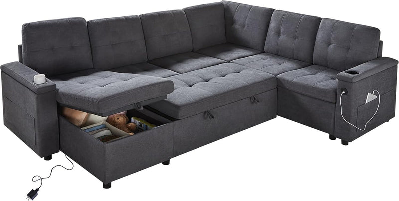 AMERLIFE 110 Inch Pull Out Couch, Tufted Sofa Bed with 2 USB Ports & Cup Holders, Oversized U Shape Sectional Sleeper Sofa Bed with Storage Chaise & 3 Seater- Dark Grey