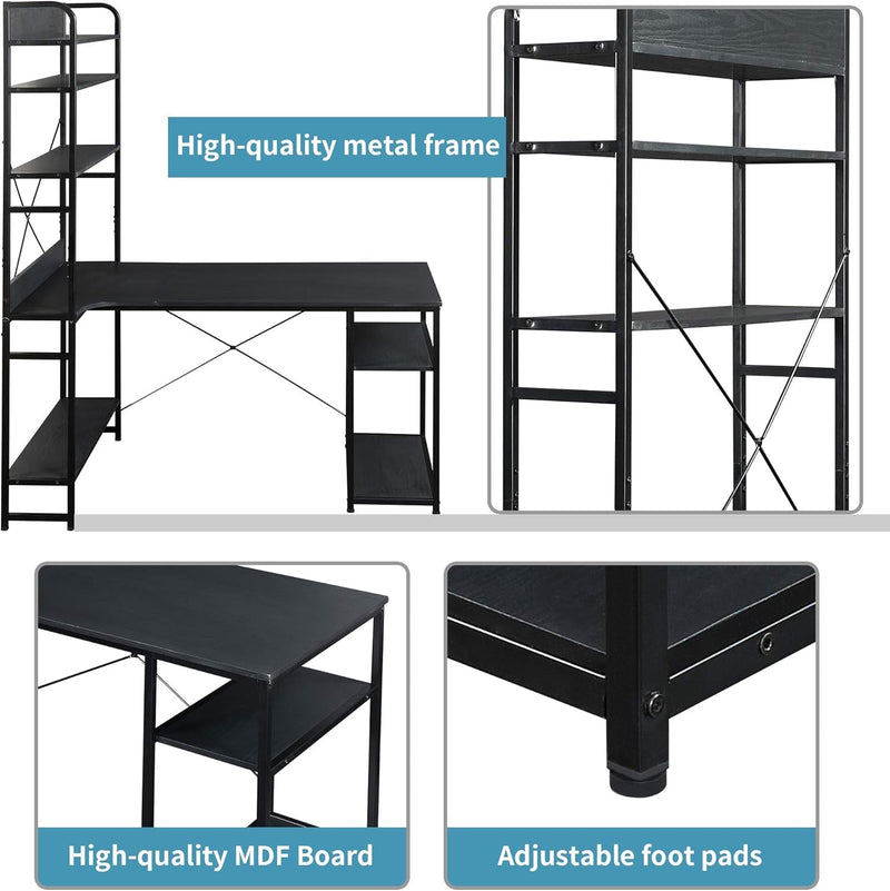 DANGRUUT Modern Industrial Home Office Computer Desk with 5 Tier Storage Shelves, 54 Inch Study Writing Table PC Workstation with Bookshelves & Metal Frame & Wood & Adjustable Foot Pads (Black)