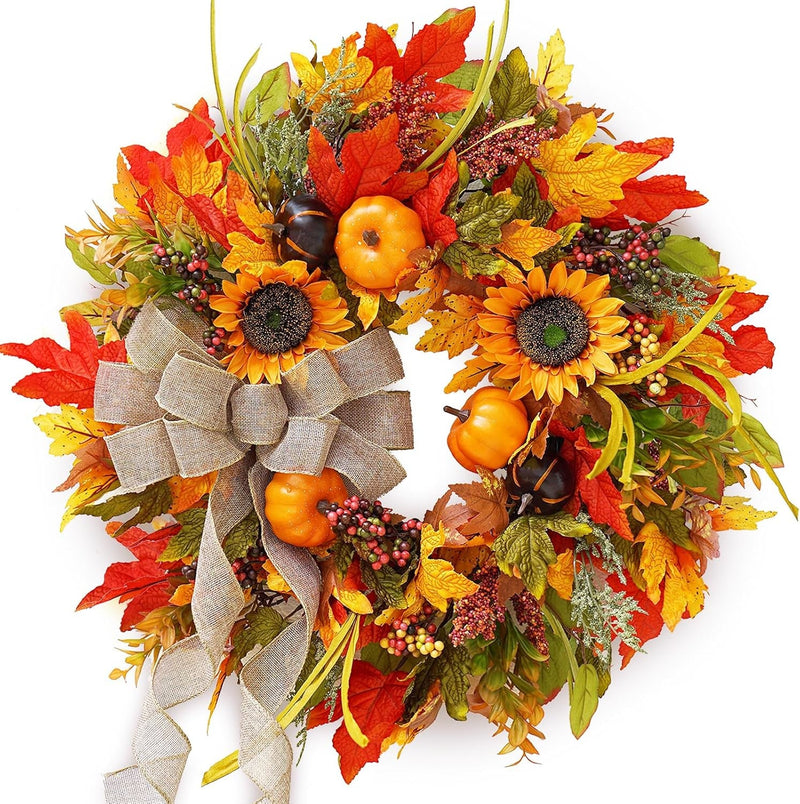 Fall Wreaths for Front Door, Sunflower Autumn Wreath, Pumpkins and Burlap Bows, for Halloween Christmas Farmhouse Indoor Outdoor Outside