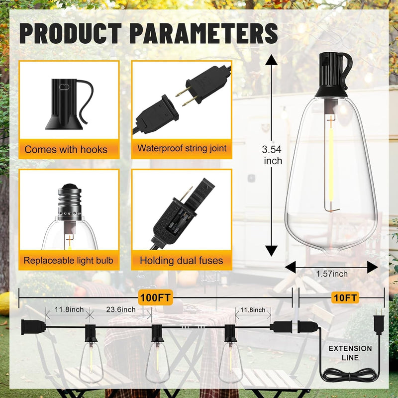 100FT LED Outdoor String Lights, Patio Deck Lights with 50+4 Shatterproof ST38 Edison Bulbs, Dimmable Warm White Waterproof outside Hanging Lights Connectable for Yard Backyard Porch Garden