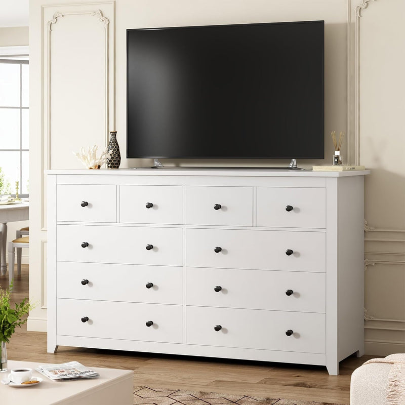 Enhomee White Dresser, Dresser for Bedroom with 10 Drawers Wood Dresser with Smooth Metal Rail, Large Dressers & Chests of Drawers Wide Dresser, White 52.2W*15.8" D*35.8" H