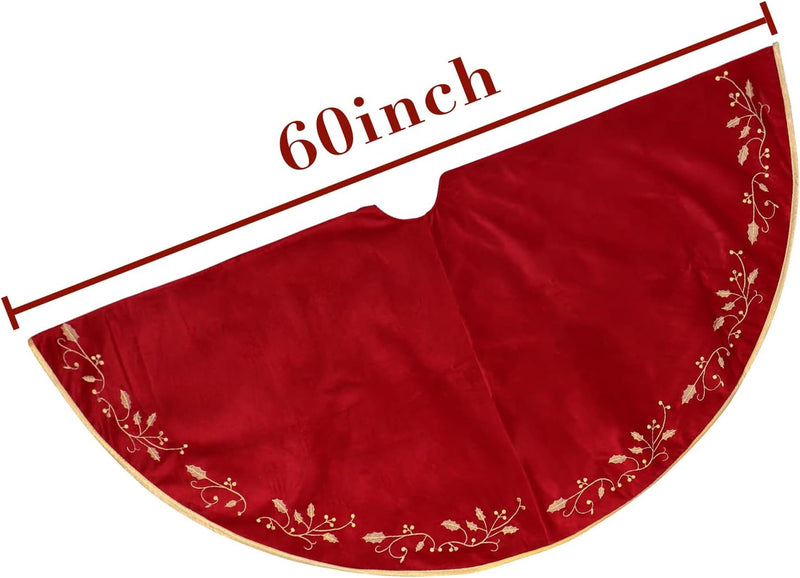 Christmas Tree Skirt, 60 Inch Red Christmas Tree, Large Rustic Velvet Fur Plush Tree Skirts, Xmas Tree Skirts with Gold Embroidered Holly Leaf for Christmas Tree Decorations