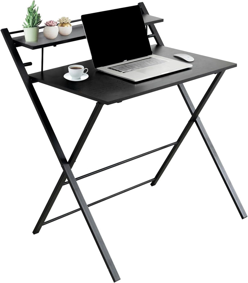 Folding Desk 2-Tier Foldable Table Space Saving Computer Table Writing Workstation for Home Office with Metal Frames/Wood Top Laptop, No Assembly Required, Rustic Brown, 31.9(L) X 20.5(D) X 33.5(H)