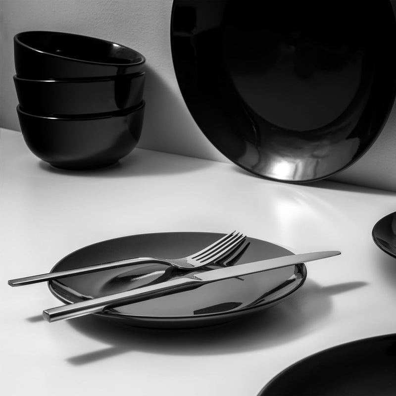 Dinnerware Sets, Fine Porcelain Dinnerware Sets, Plates and Bowls Sets, Dishes, 12-Piece Service for 4, Black