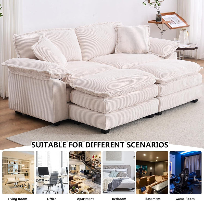 Aoowow Corduroy Loveseat Sofa Couch with Ottomans,Luxury Modular Sectional 2 Seater Sofa with Deep Seat,Modern Cloud Sofas with Throw Pillows for Living Room (Off White, Loveseat with Ottoman)