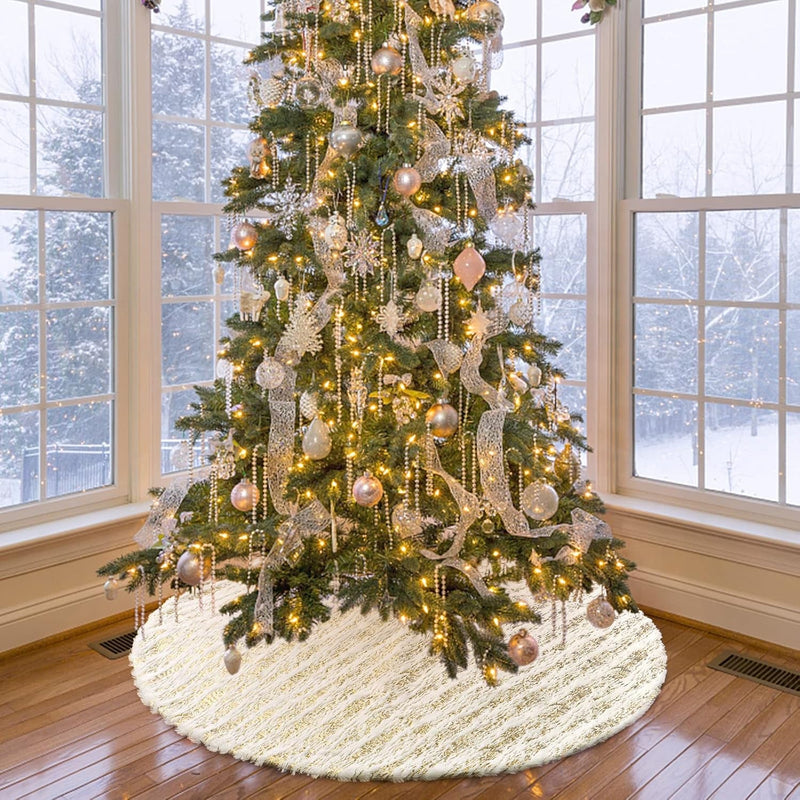 Alynsehom Christmas Tree Skirt, Large White&Gold Bronzing Luxury Faux Fur Tree Skirt Soft Thick Plush Xmas Tree Skirt for Family Holiday Christmas Party Tree Decorations(Gold,36Inch/90Cm)