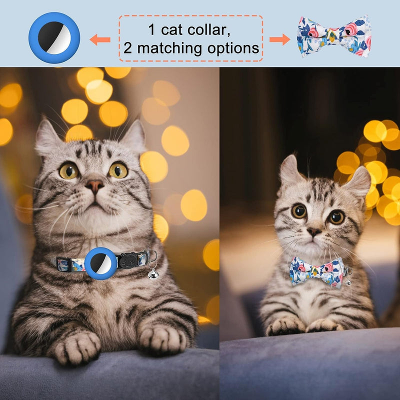 Airtag Cat Collar with Bell Adjustable Breakaway Kitten Collars:- Safety Buckle and Silicone Air Tag Holder Case Compatible with Apple Airtag Geometric Pattern Pet Collar (Cat Collar-Blue)