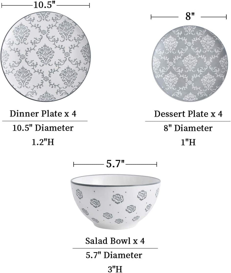 12-Pieces Dinnerware Sets Ceramic Dish Set, Plates and Bowls Sets, Dishes Set for 4, Nonstick Plate Set, Durable Stoneware Plates, Dishes, Soup and Cereal Bowls, Grey, for Kitchen