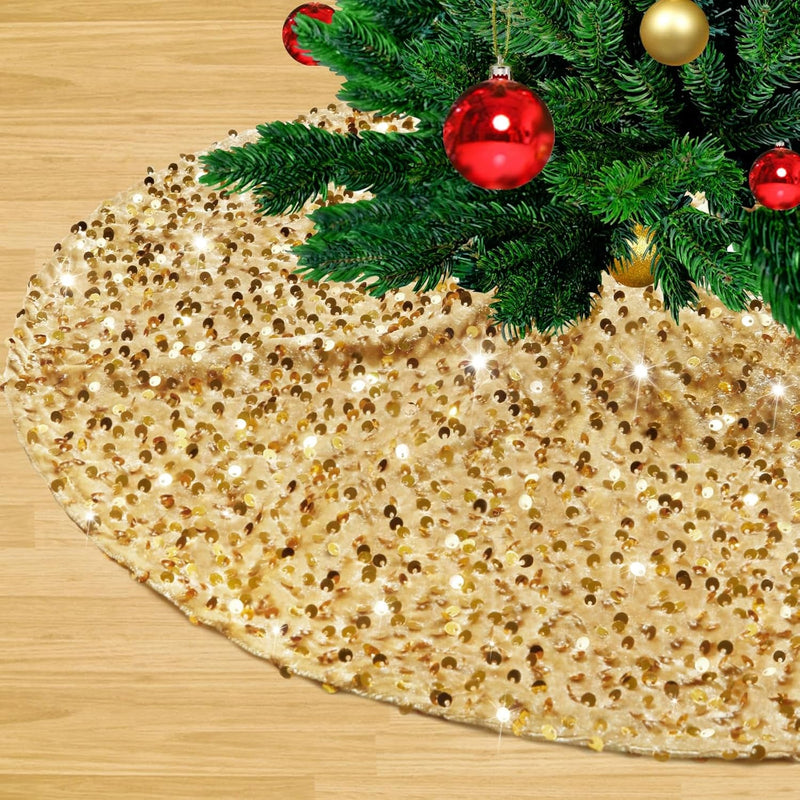 48 Inch Champagne Gold Xmas Tree Skirt Christmas Decorations Velvet Sequin Tree Skirt Cover New Year Party Indoor Holiday Tree Decorations