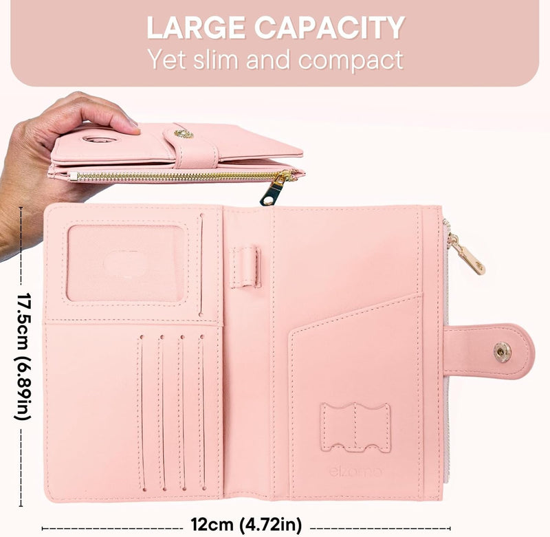 Elzama Passport Holder Women with RFID Blocking, Passport Cover Wallet with Zipper Pocket, Pen Sim Card Holders, Cute Slim Travel Wallet Passport Book Protector Case, Pink