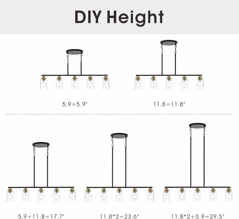 Dining Room Light Fixture,5-Light Farmhouse Linear Chandeliers for Dining Room over Table，Matte Black and Gold Finish Kitchen Island Pendant Lighting for Kitchen Island，Pool Table Light