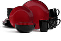 16 Piece round Kitchen Dinnerware Set,Plates and Bowls Sets,Dishes, Dinner Plates, Cereal Bowls Set，Bowls, Mugs, Dish Set，Plates and Bowls,Service for 4, Stoneware Dinnerware,Red and Black