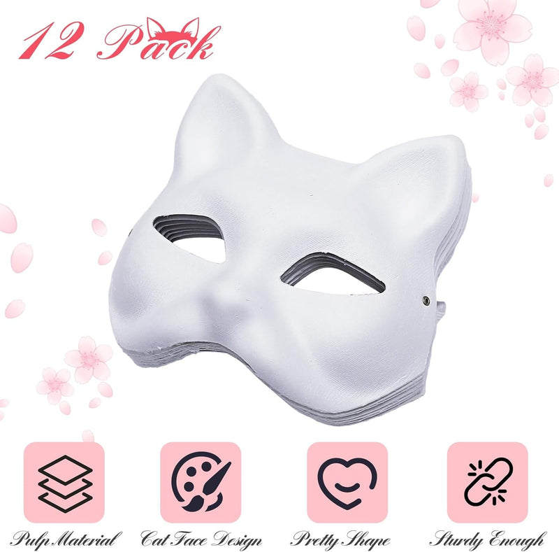 Cat Mask Therian Masks White Paper Cat Masks to Paint Blank Cat Therian Masks for Kids DIY Craft Masquerade Costume Cosplay Party Halloween （12 Pcs）