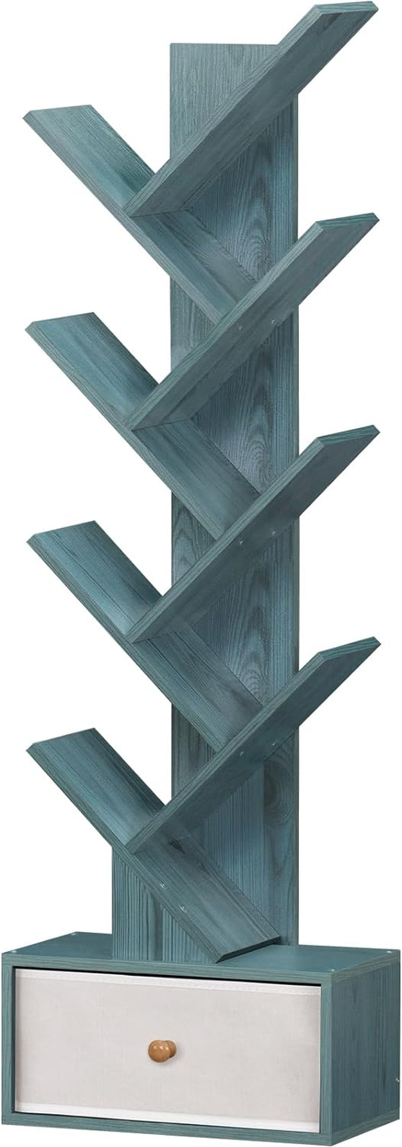 8 Tier Tree Bookshelf with Drawer, Free Standing Wood Bookcase for Living Room, Bedroom, Home Office, Space Saving Storage Organizer Bookshelves for Books, Cds, Vinyl Records- Black