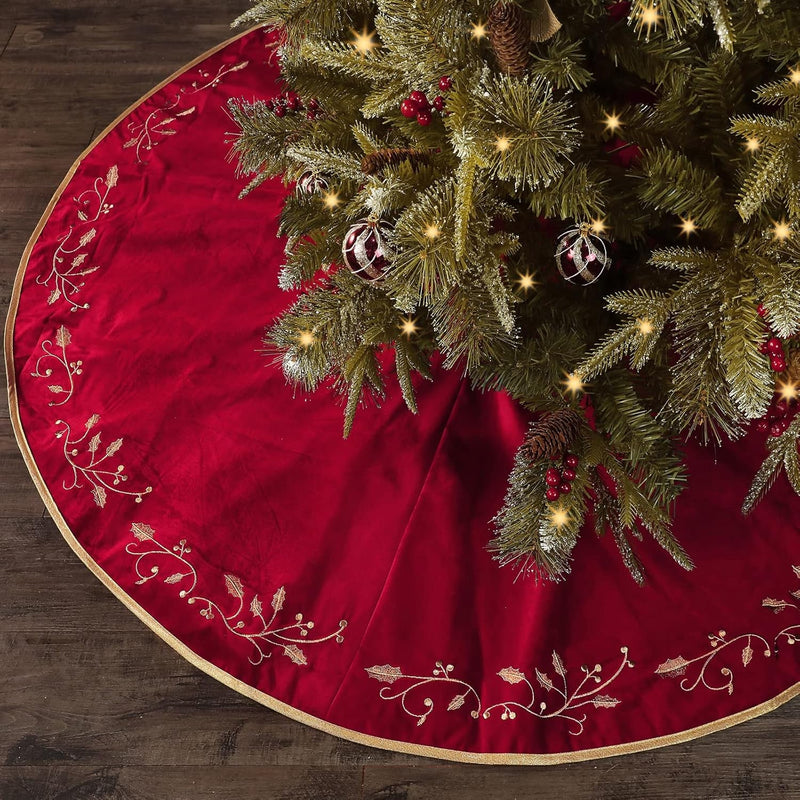 Christmas Tree Skirt, 60 Inch Red Christmas Tree, Large Rustic Velvet Fur Plush Tree Skirts, Xmas Tree Skirts with Gold Embroidered Holly Leaf for Christmas Tree Decorations