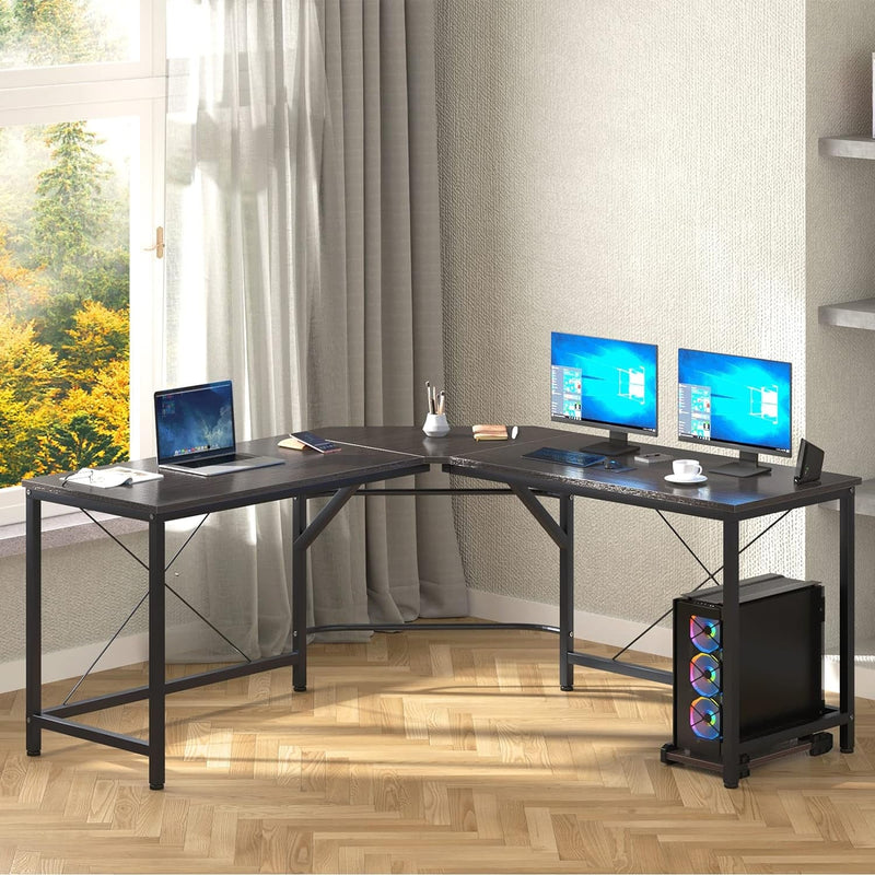 Dlandhome L-Shaped Computer Desk 59 Inches X 59 Inches, Composite Wood and Metal, Home Office PC Laptop Study Workstation Corner Table with CPU Stand, Brown Black and Black Legs, ZJ02-BB