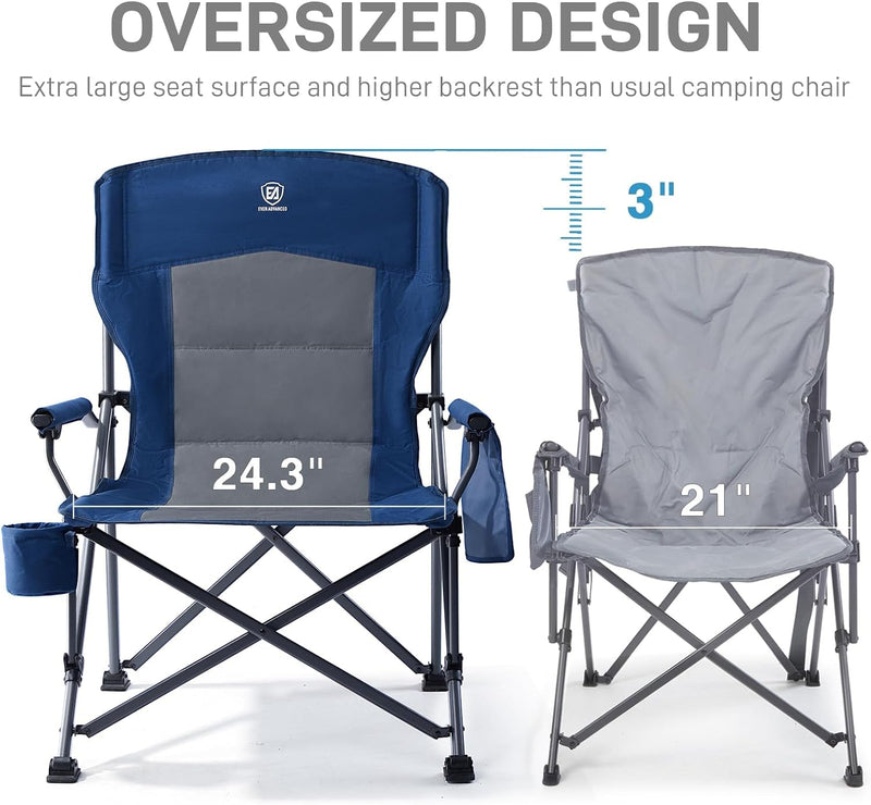 EVER ADVANCED Oversized Folding Camping Chair, for Adults Heavy Duty Lawn Chair with Side Pockets, Portable Collapsible Quad Chair for Outside, Support up to 500Lbs, Blue