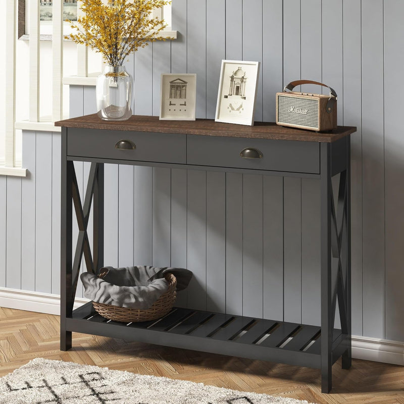 Choochoo Farmhouse Console Table with Drawer for Entryway, Narrow Long Entry Table with Shelf for Living Room, Rustic Vintage Hallway Sofa Table with Stable X Supports, 40 Black