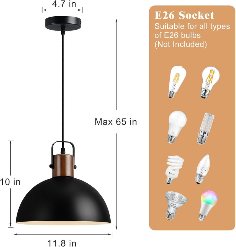 Eustace 11.8" Wood and Metal Black Pendant Light Fixtures, Modern Farmhouse Pendant Lamp, Industrial Dome Hanging Lights for Kitchen Island Dining Room Hallway Restaurant Entryway