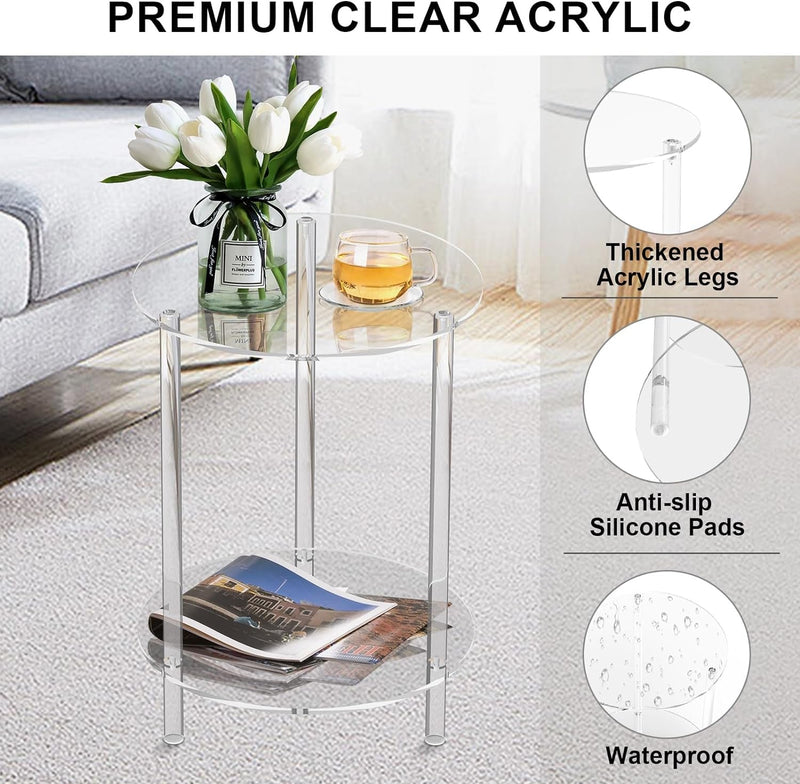 Clear Acrylic round Side Table for Small Spaces, Acrylic Clear Coffee/End/Bedside Table,2-Tier Acrylic Nightsand/Furniture for Living Room, Bedroom, Bathroom, Garden, Office