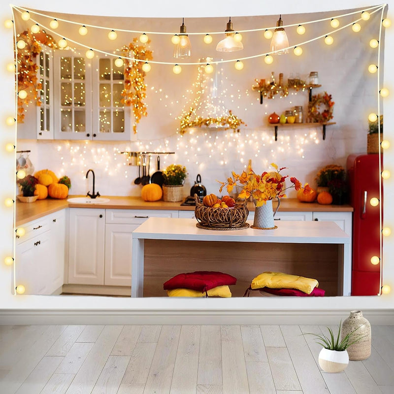 BELECO 7X5Ft Fabric Thanksgiving Kitchen Backdrop Autumn Pumpkin Maple Leaves White Cabinet Kitchen Cooking Tools Modern Kitchen Background Fall Thanksgiving Themed Party Decoration Photo Studio Prop