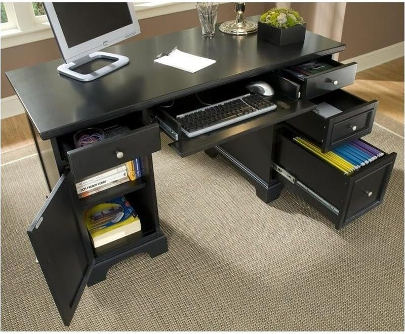BOWERY HILL Home Office Pedestal Computer Desk with Keyboard Tray and Computer Tower Drawer in Black Ebony