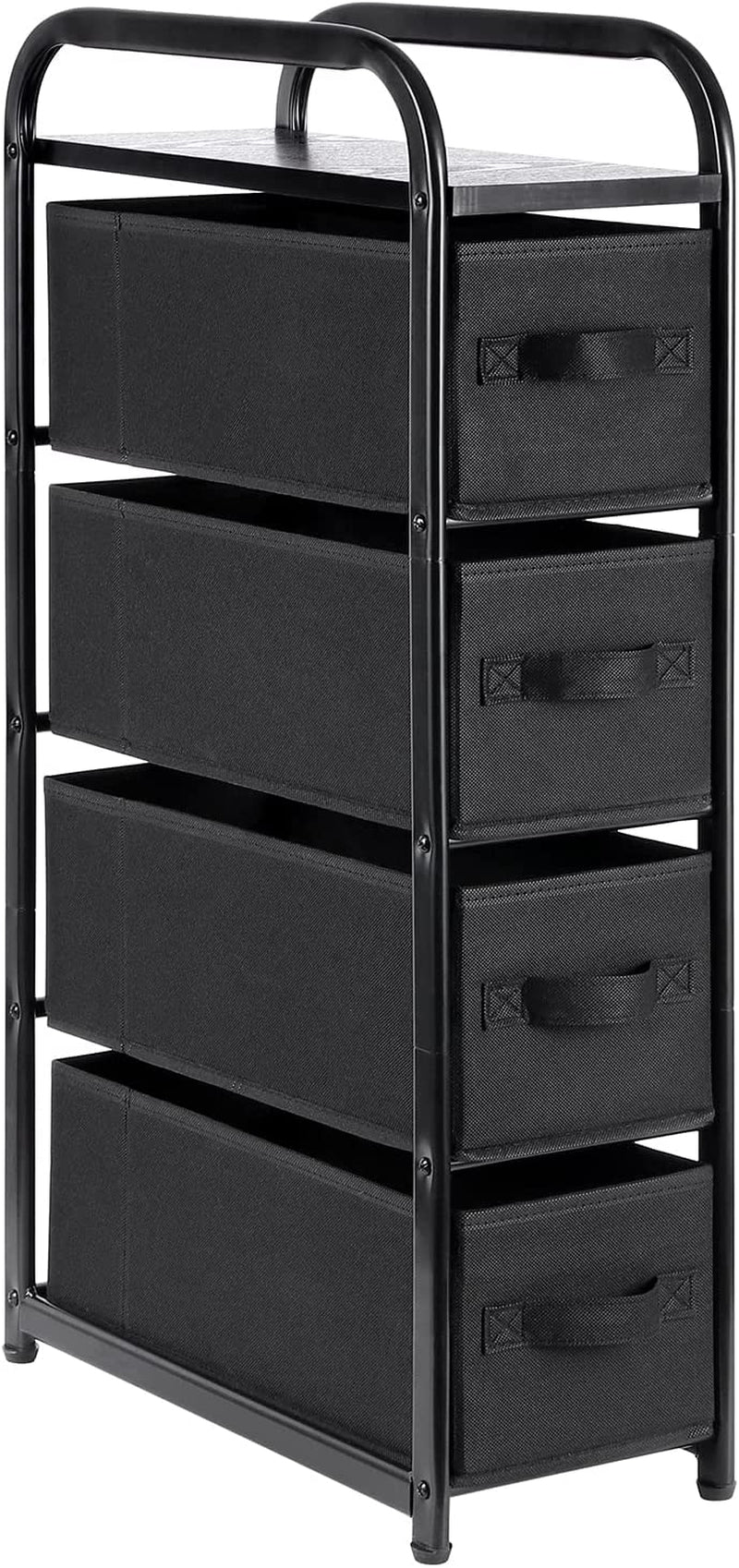 4 Drawer Narrow Dresser Fabric Storage Tower Vertical Slim Chest Organizer Nightstand Side/End Table Small Standing Organizer Removable Drawers Wood Top for Bedroom, Bathroom,Entryway（Black)