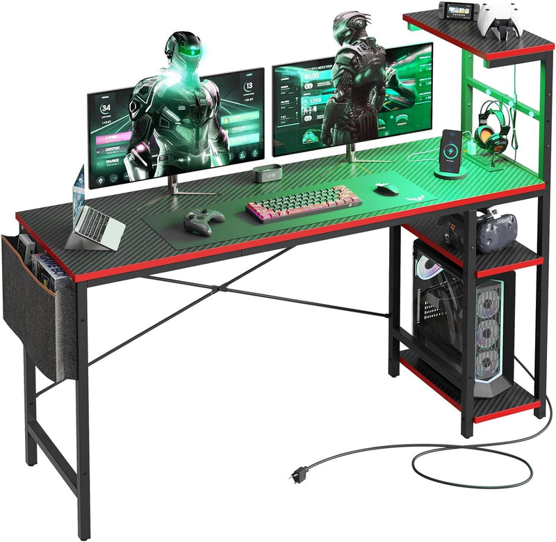 Bestier Gaming Desk with Shelves, 61 Inch Large PC Gaming Table with LED Lights, Led Gamer Desk with 4 Tiers Reversible Storage Shelves for Game & Bedroom Room (Black Grained)