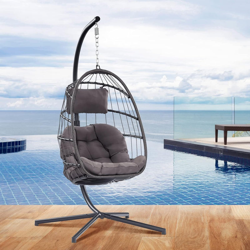 Egg Chair with Stand - Hanging Swing Egg Chair Rattan Wicker Patio Hammock Chair for Indoor Outdoor Bedroom - Rusty Resistant Aluminum Frame and UV Resistant Cushion 350LBS Capacity (Teal Blue)