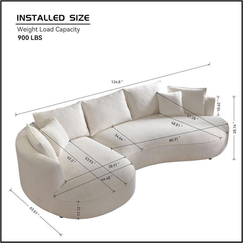 124.8" Curved Sofa Living Room Cloud Couch, Modern Upholstery Boucle Sofa, Comfy Lazy Cream White Modular Sectional Sofa with Pillows for Bedroom Apartment Mid-Century Left Hand Facing