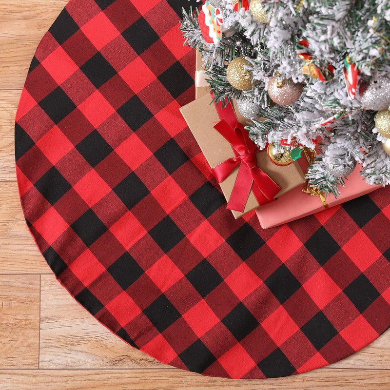 Christmas Tree Skirt 24 Inch Mini Black and Red Plaid Tree Skirt Farmhouse Christmas Ornaments New Year Holiday Decorations