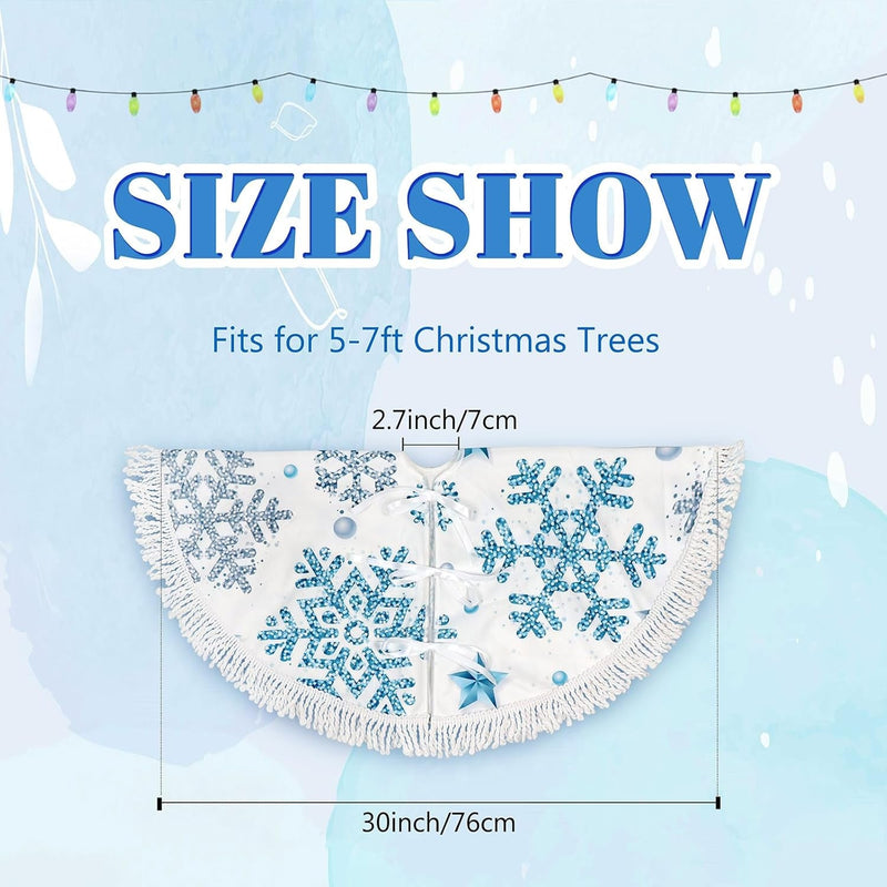 30 Inch Small Christmas Tree Skirts Silver Blue Snowflake Christmas Decorations Tree Mat Holiday Party Home Decoration with Tassel