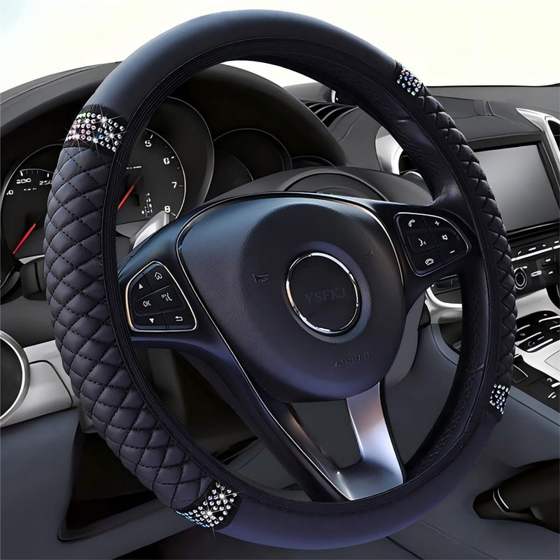 Diamond Leather Steering Wheel Cover Universal 15 Inch with Bling Bling Crystal Rhinestones, Anti-Slip Car Steering Wheel Protector for Women Girls (Black)