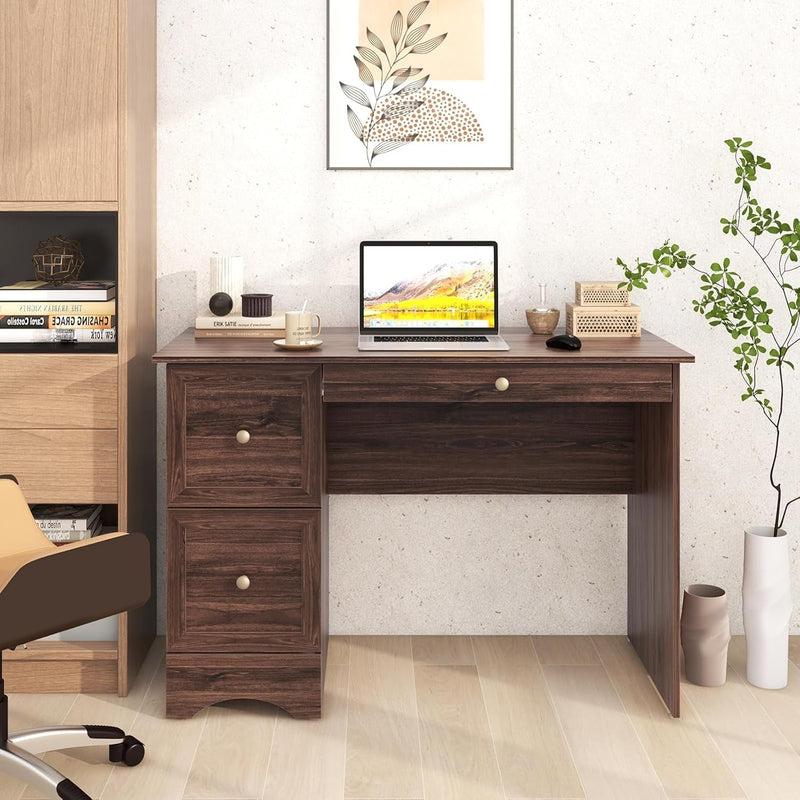 Brown Computer Desk, 44 Inches Desk with Drawers, Home Office Desks with Keyboard Tray, Modern Makeup Vanity, Wooden Writing Study Work Table for Teens, PC Laptop Workstation (Brown)