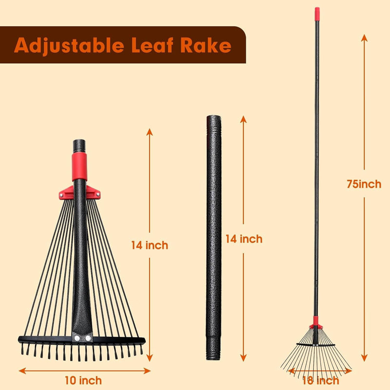 75 Inch Rake for Leaves, Adjustable Head with 18 Metal Tines Rakes for Lawn Leaf Lawn Leveling Rake Yard Tools for Picking up Leaves, Grass Clippings, Garbage Ergonomics Adjustable Handle