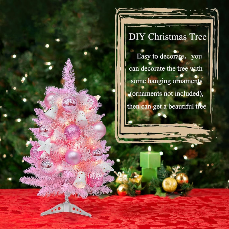 2FT Artificial Christmas Tree Pink Tabletop Christmas Tree with Plastic Stand Mini Xmas Pine Tree for Party Supplies Indoor Outdoor Holiday Home Decoration (Pink)