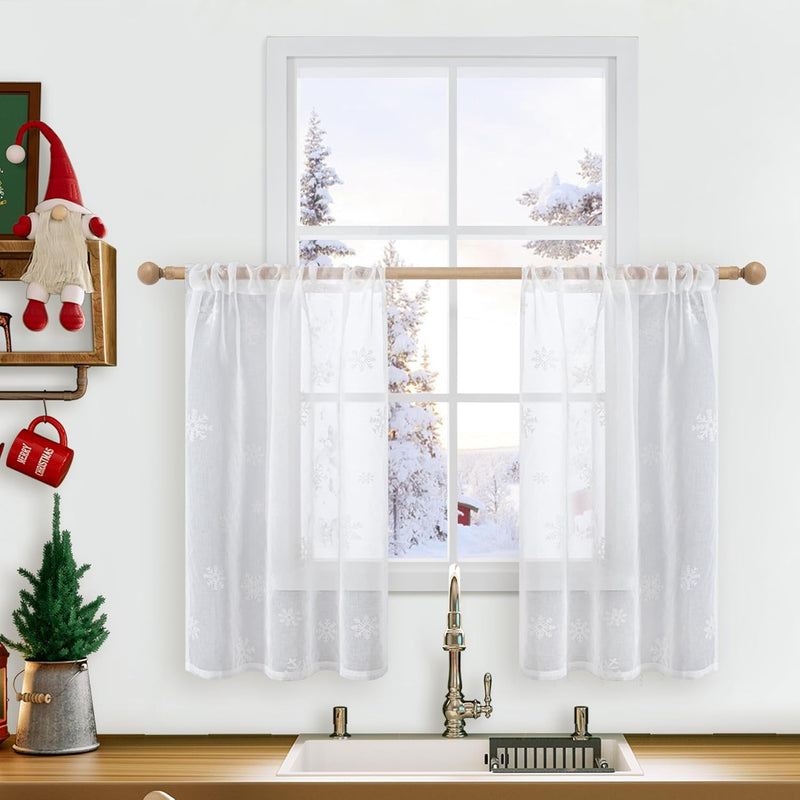 Bgment Christmas Curtains for Living Room 84 Inch Length 2 Panels Set, Snowflake Linen Look Sheer White Curtains Rod Pocket Window Curtains for Dining Room Xmas Holiday Decoration, Set of 52 X 84 Inch