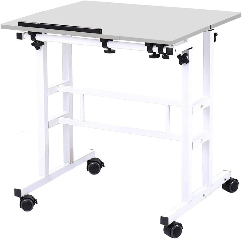 Dlandhome Adjustable Rolling Desk Standing Desk, Sit-Stand Desk Cart Mobile Computer Desk Stand up Desk Office Desk Riser Standing Table Workstation Mobile Desk, White