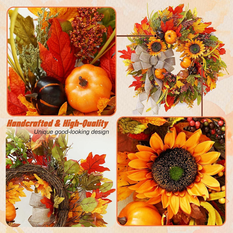 Fall Wreaths for Front Door, Sunflower Autumn Wreath, Pumpkins and Burlap Bows, for Halloween Christmas Farmhouse Indoor Outdoor Outside