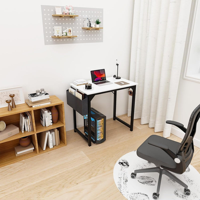 DUMOS 32 Inch Office Small Computer Desk Modern Simple Style Writing Study Work Table & Armless Desk Chairs with Wheels Cute Home Office Chair No Arms