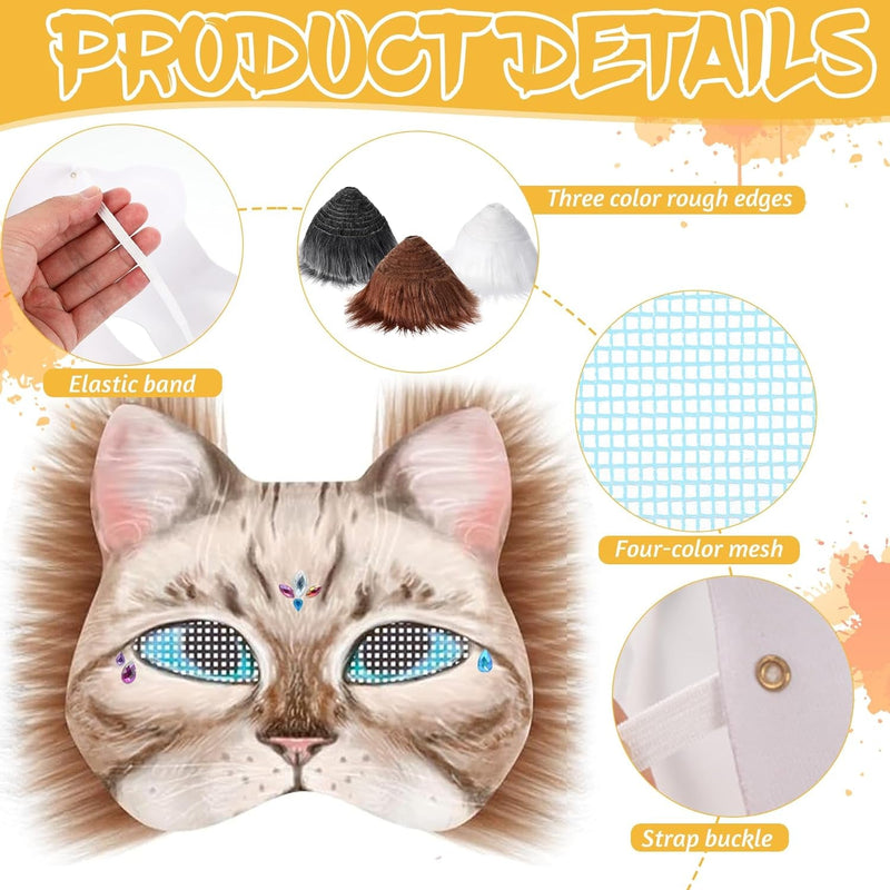 6PCS Therian Mask Kit, Cat Mask with Eye Mesh Gem Stickers Acrylic Pigment and Animal Hair, DIY Blank Animal Masks for Costume Party, Cosplay, Halloween Costume