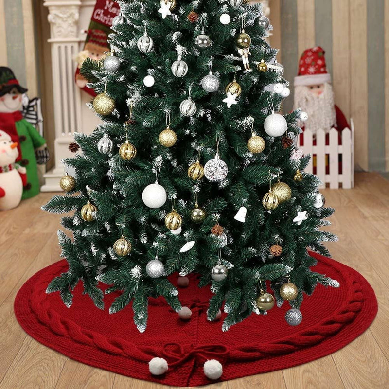 Aerwo Knitted Christmas Tree Skirt 48 Inches, Large Red Tree Skirt Luxury Christmas Decorations, Thick Xmas Tree Skirt with Cute Bow and White Fluffy Ball for Holiday Party Christmas Decor