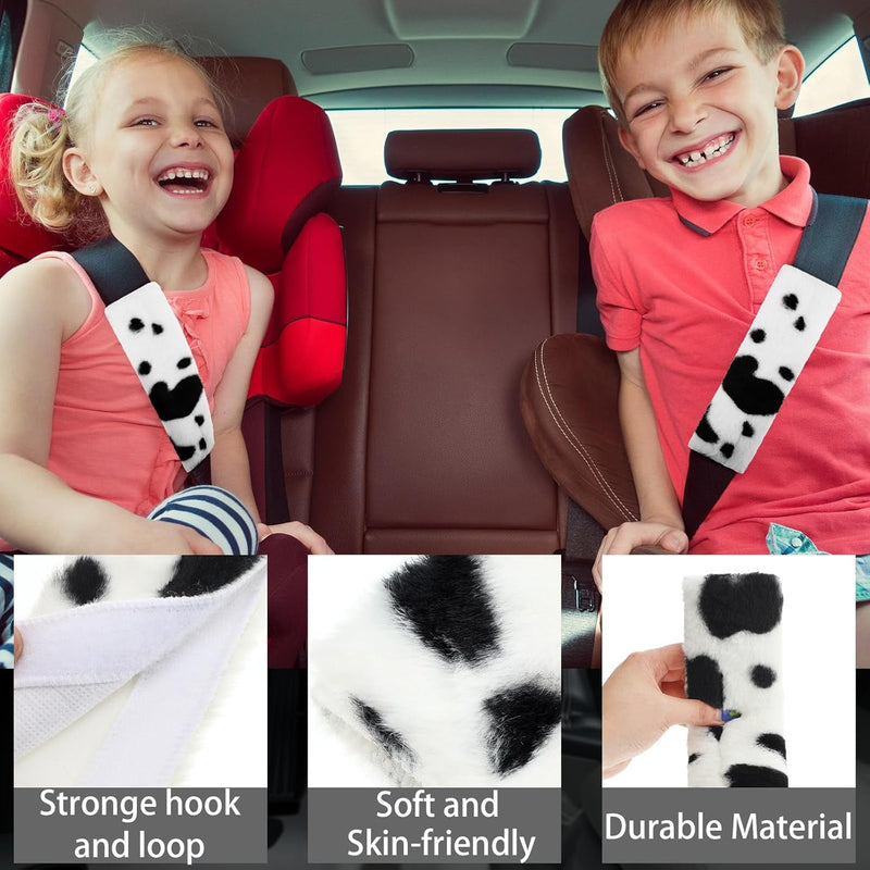 10 Pieces Cow Print Car Accessories Set Cow Fluffy Plush Steering Wheel Cover Shift Cover Handbrake Cover Pad Cup Seat Belt Pad Bracelet Key Chain License Ornament for Women Car Interior(Black)