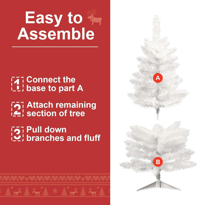 3FT Pre-Lit Artificial Mini Christmas Tree, Premium Small Fake Christmas Tree with String Lights for Home Office Holiday Party Decoration with Foldable Stand, Easy Assembly, White Tinsel