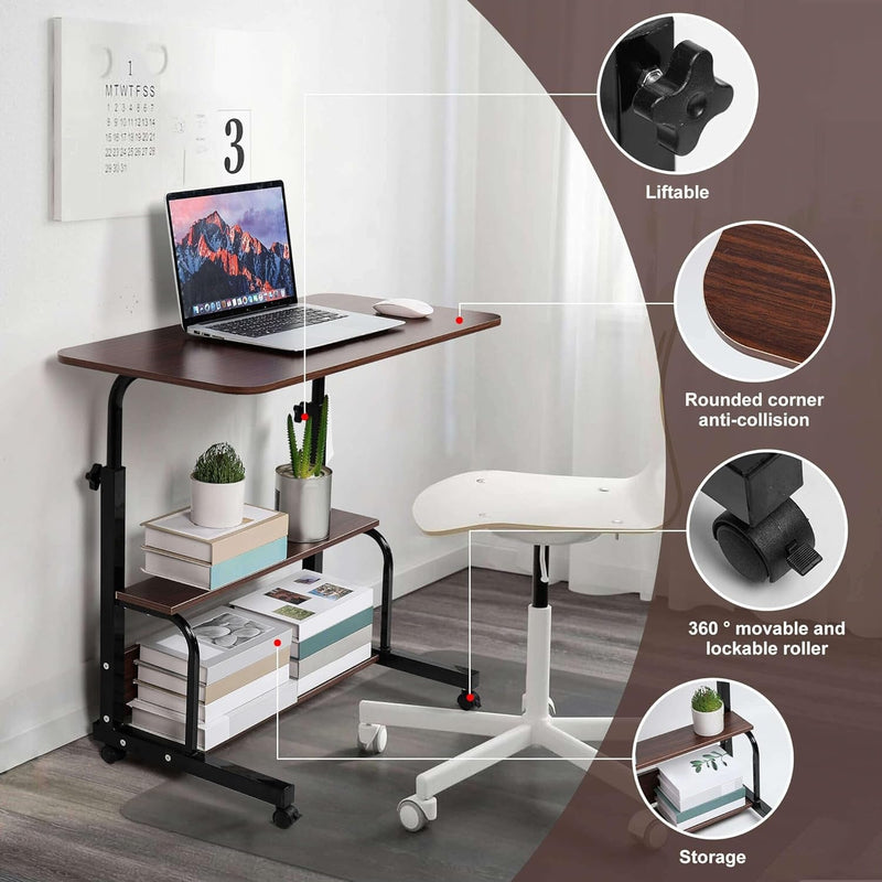 Adjustable Height Mobile Computer Desk Small Space Desk Portable Home Office Corner Desk Home Office Study Desk Portable for Bedrooms Work Desk Brown Size 32X16 Inch with Storage Gaming Table