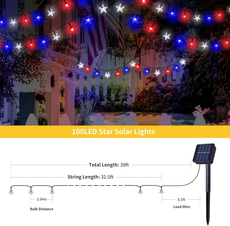 2 Pack Solar Powered Outdoor Patriotic Star String Lights, 100 LED 33 FT Each July 4Th Decorative Lights, 8 Lighting Modes, Waterproof for Independence Day Party Patio Garden Decor, Red White & Blue
