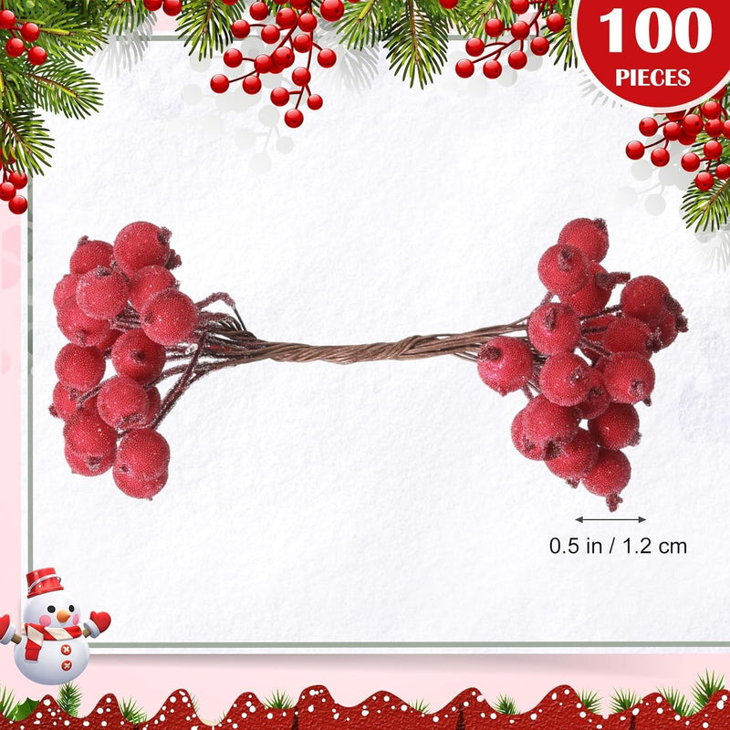 100 Wired Artificial Berry Stems Artificial Flower Decoration 200 Pieces 12Mm Mini Berry Frosted Christmas Fruit, Red